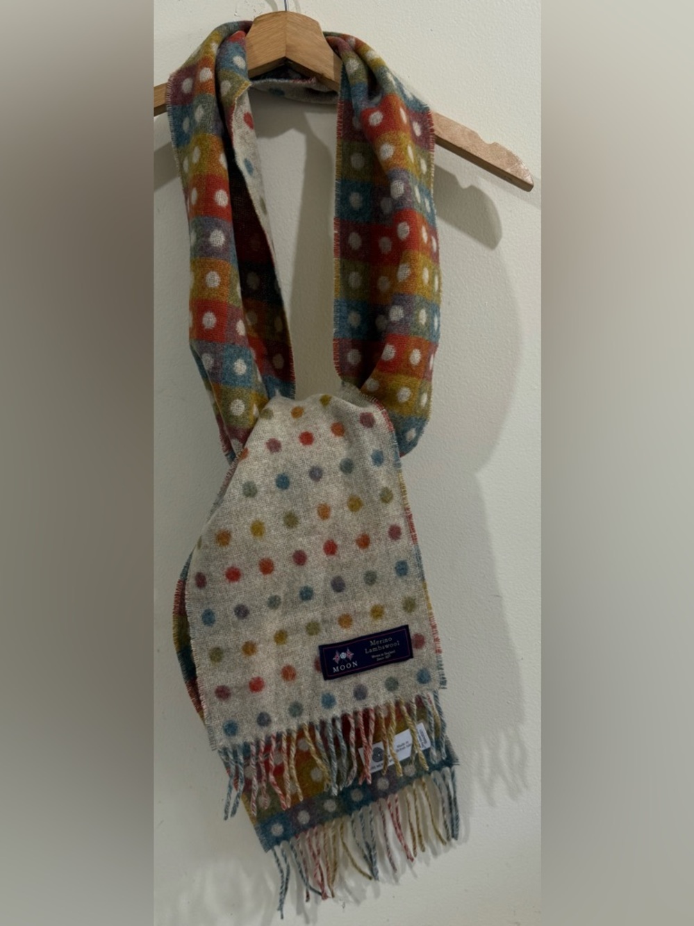 Merino Lambswool Multicolor Polka Dot Wool Scarf - Cozy Women’s Accessory - Picture 5 of 6